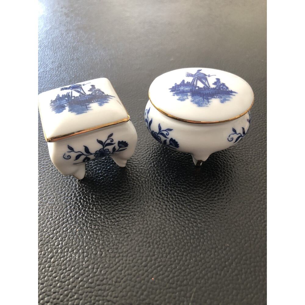 Vtg Crown West Hand Painted Footed Porcelain Trinket Boxes Set Dutch Windmill
